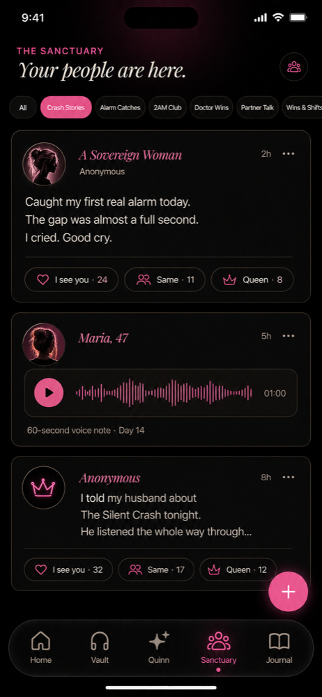 The Sanctuary community feed showing voice memos and posts from members.