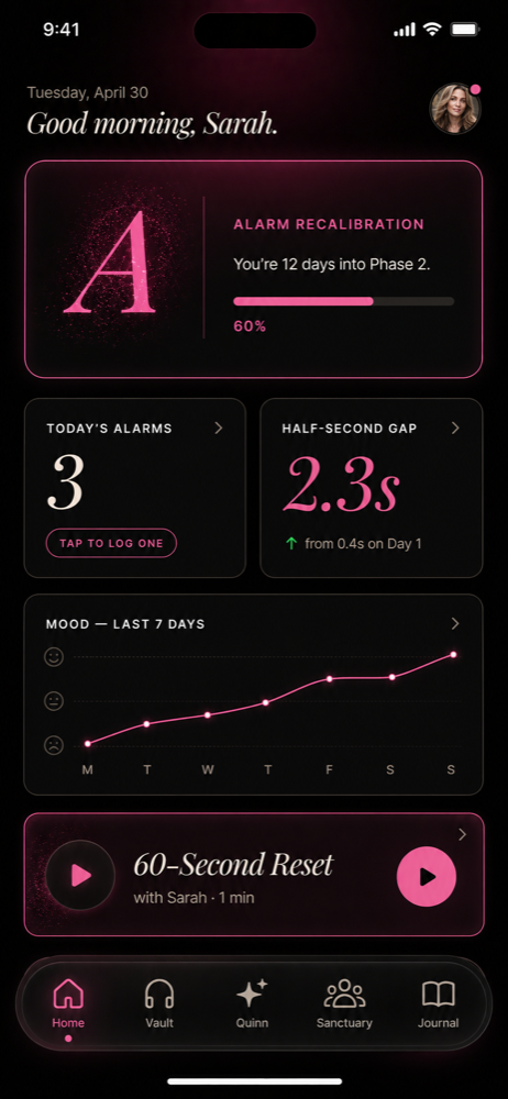 Sovereign app home screen showing the day's progress, mood trend, and 60-Second Reset audio.
